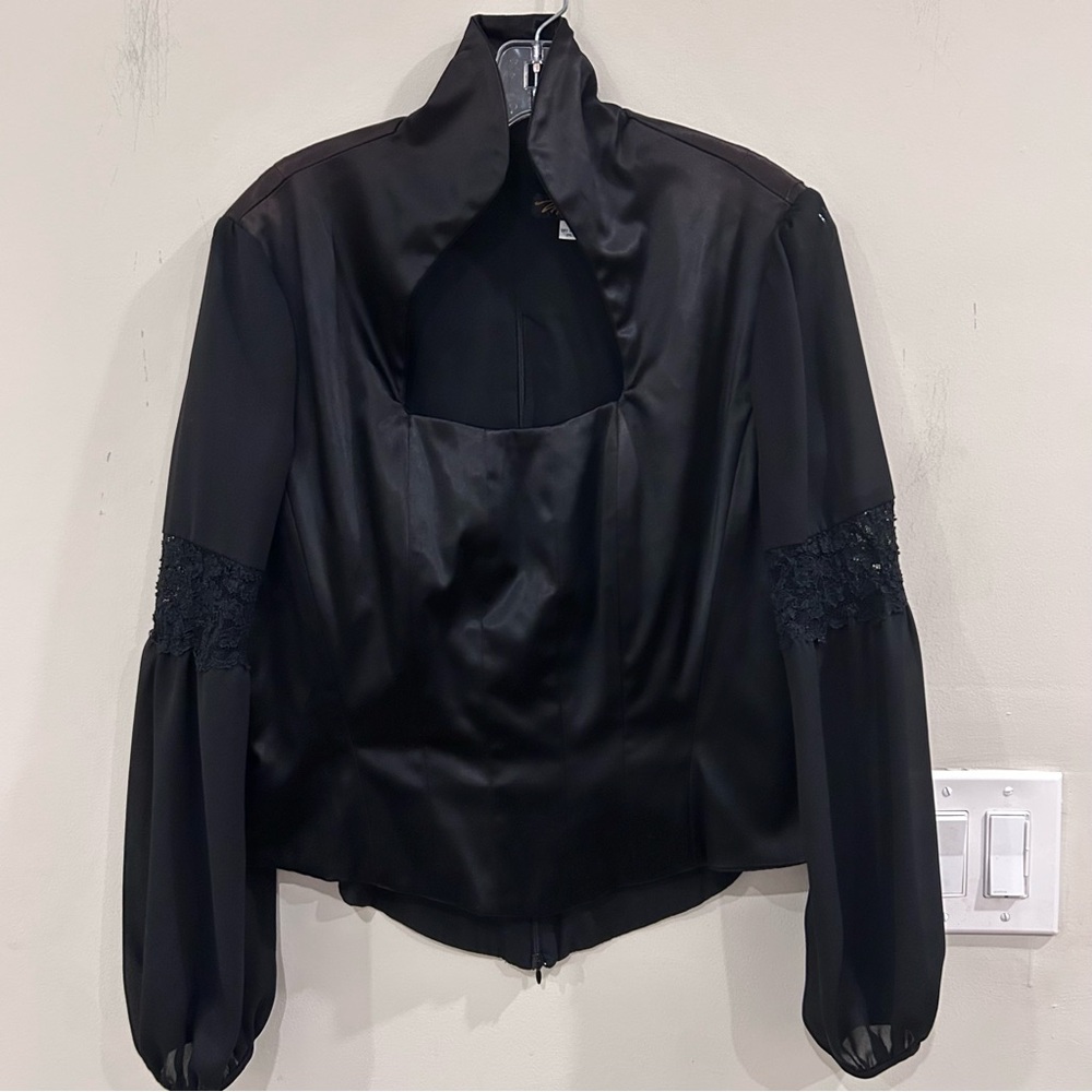 Mita Idees black satin corset top with sheer lace balloon sleeves back zipper.